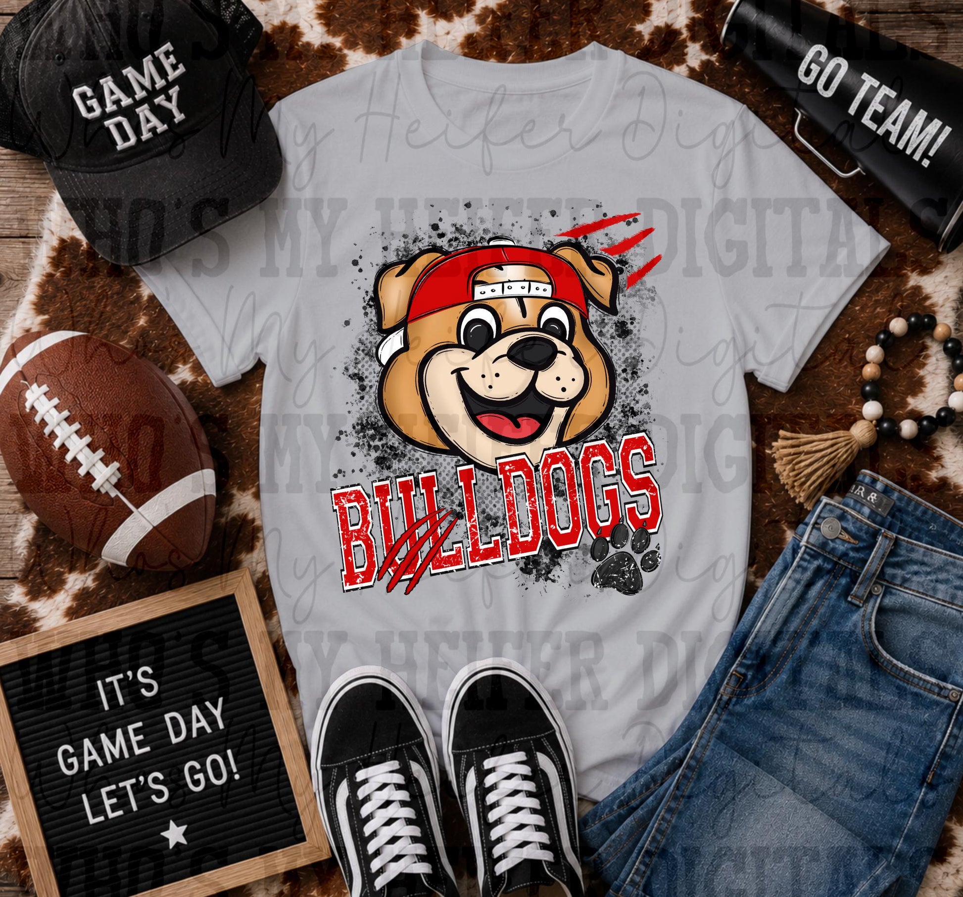 Red & White Bulldogs PNG Hand Drawn Bulldog with Hat Sublimation File Game Day Shirt Design School Spirit PNG Retro Kid Mascot Doodle Art