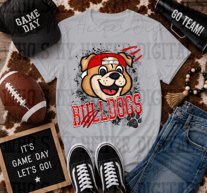 Red & White Bulldogs PNG Hand Drawn Bulldog with Hat Sublimation File Game Day Shirt Design School Spirit PNG Retro Kid Mascot Doodle Art