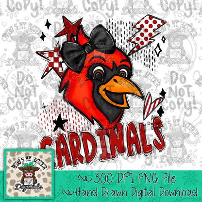 Red & White Cardinal PNG Hand Drawn Cardinal with Bow Sublimation PNG Game Day Shirt Design School Spirit Retro Kid Mascot Doodle Art