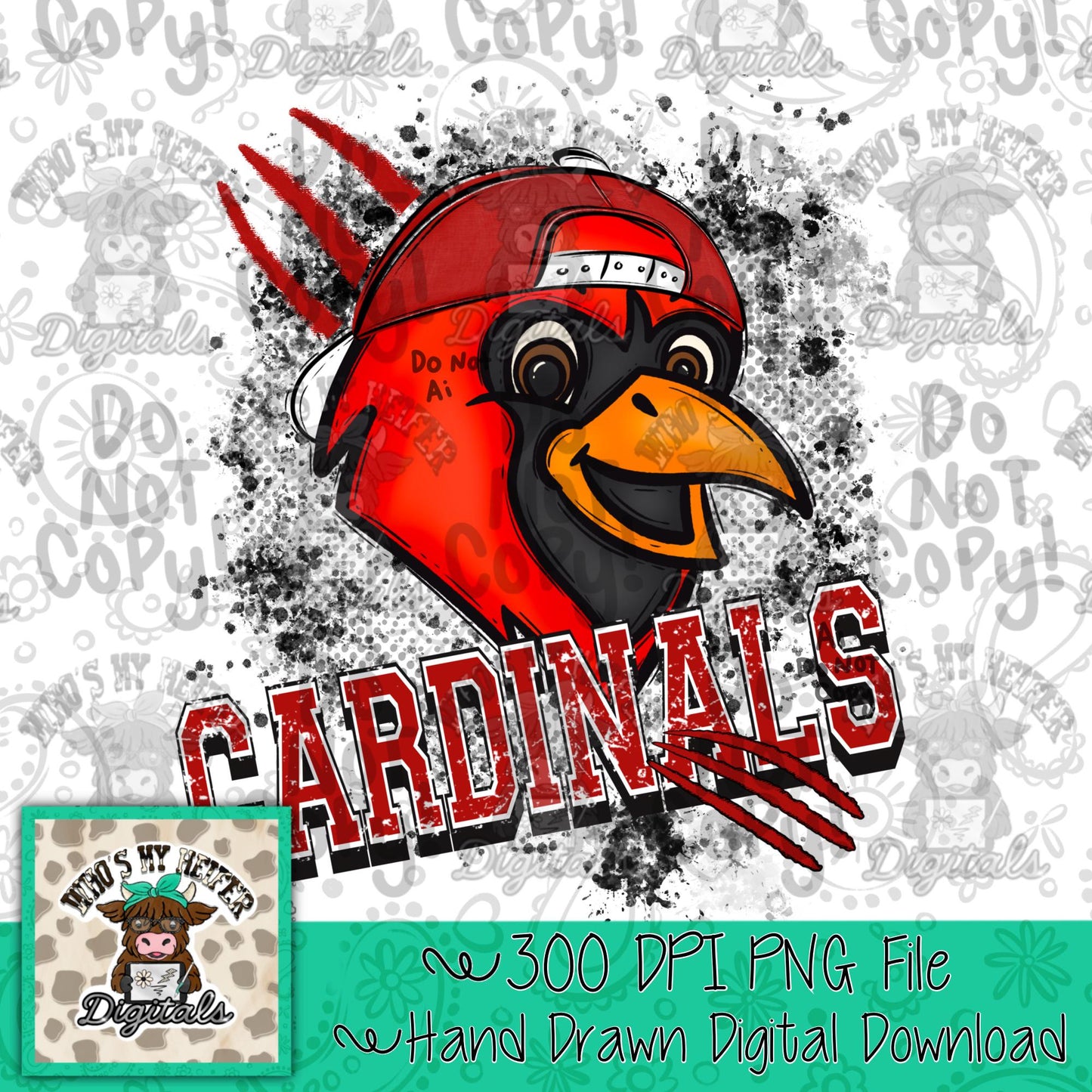 Red & White Cardinal PNG Hand Drawn Cardinal with Hat Sublimation File Game Day Shirt Design School Spirit Retro Kid Mascot Doodle Art