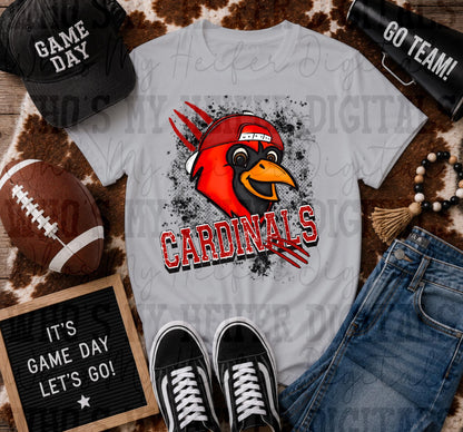Red & White Cardinal PNG Hand Drawn Cardinal with Hat Sublimation File Game Day Shirt Design School Spirit Retro Kid Mascot Doodle Art