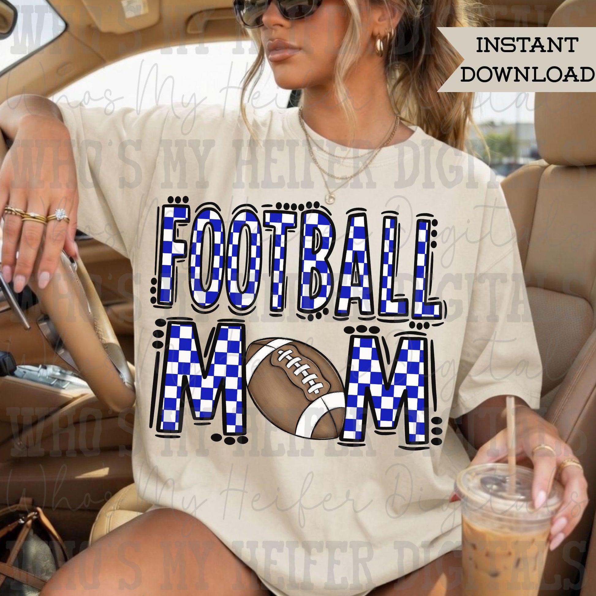 Checkered Football Mom PNG Hand Drawn Blue & White Sport Mom Doodle Sublimation File Preppy Game Day Idea Shirt Design Mama Spirit Digital