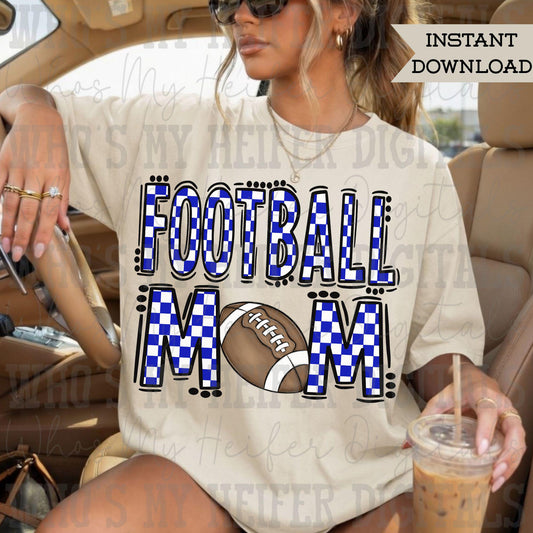 Checkered Football Mom PNG Hand Drawn Blue & White Sport Mom Doodle Sublimation File Preppy Game Day Idea Shirt Design Mama Spirit Digital