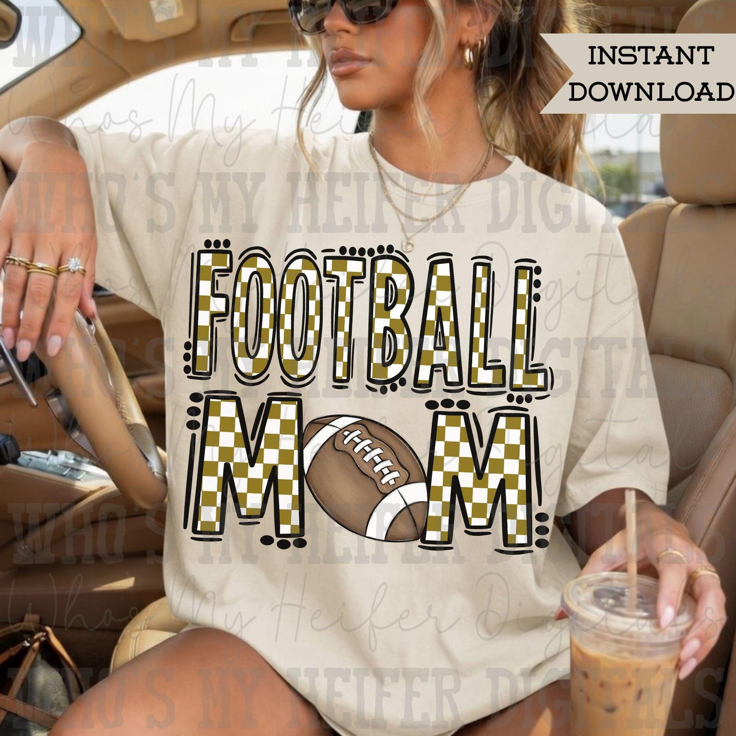 Gold Checkered Football Mom Sublimation PNG Hand Drawn Sport Mom Doodle Digital Art Trendy Support Player Idea Shirt Design Mama Spirit DTF