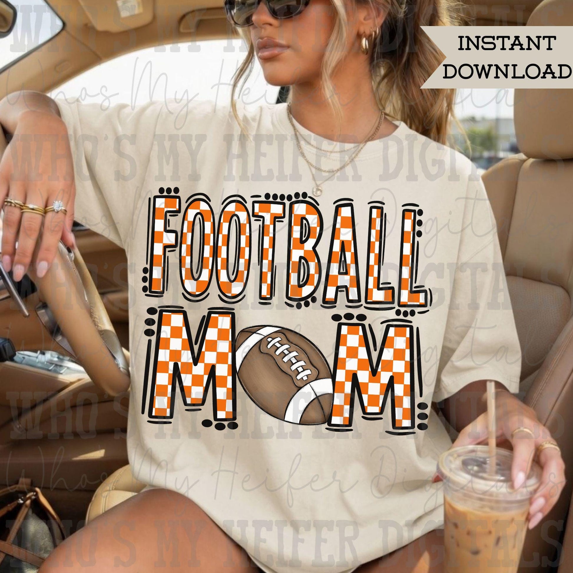 Orange Checkered Football Mom PNG Hand Drawn Sport Mom Doodle Sublimation File Preppy Game Day Idea Shirt Design Mama Spirit Digital