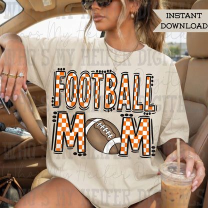 Orange Checkered Football Mom PNG Hand Drawn Sport Mom Doodle Sublimation File Preppy Game Day Idea Shirt Design Mama Spirit Digital
