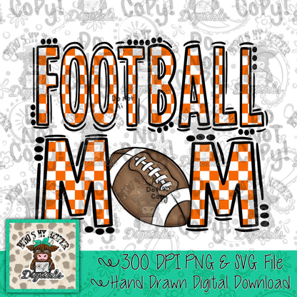 Orange Checkered Football Mom PNG Hand Drawn Sport Mom Doodle Sublimation File Preppy Game Day Idea Shirt Design Mama Spirit Digital
