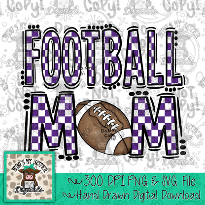 Checkered Football Mom PNG Hand Drawn Purple & White Sport Mom Doodle Sublimation File Trendy Game Day Shirt Design Mama Spirit Digital