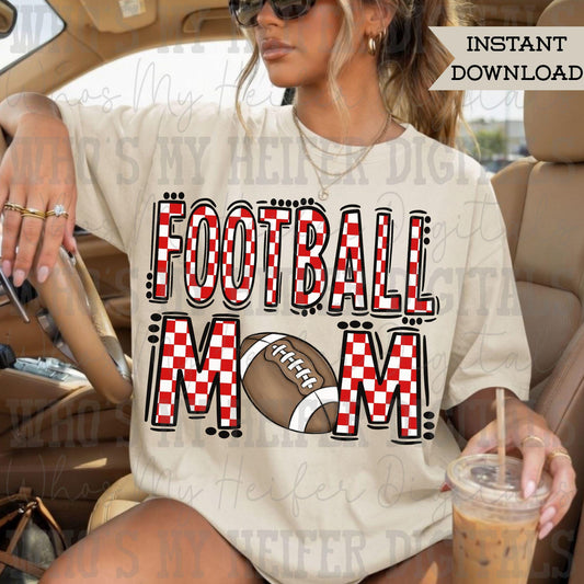 Checkered Football Mom PNG Hand Drawn Red & White Sport Mom Doodle Sublimation File Trendy Game Day Shirt Design Mama Spirit Digital