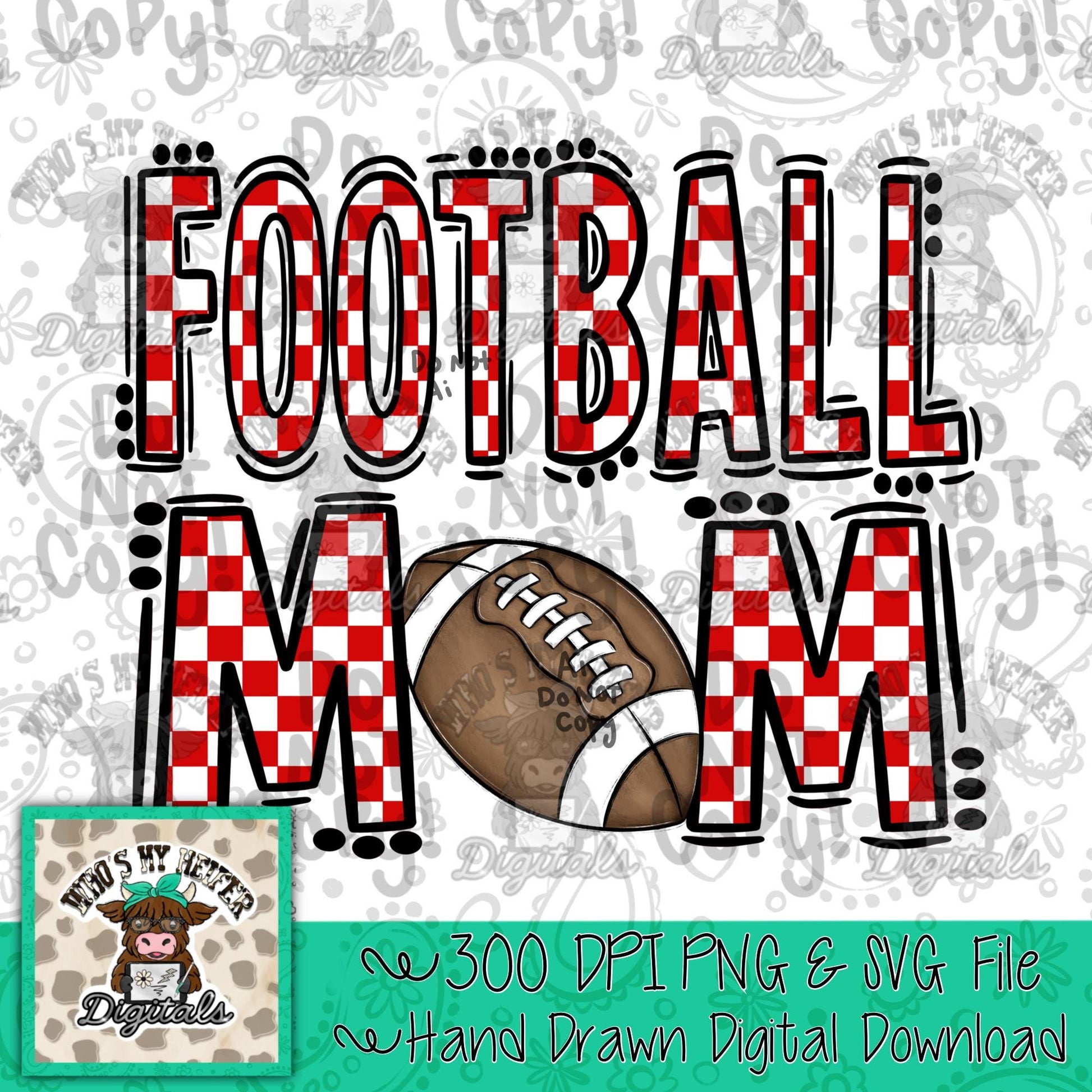 Checkered Football Mom PNG Hand Drawn Red & White Sport Mom Doodle Sublimation File Trendy Game Day Shirt Design Mama Spirit Digital
