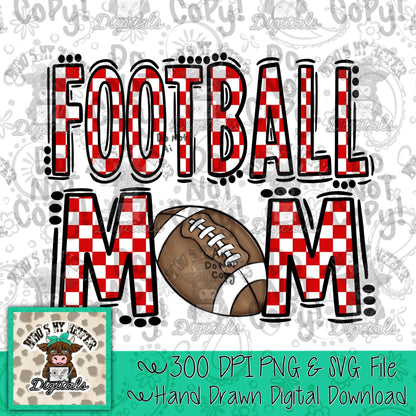 Checkered Football Mom PNG Hand Drawn Red & White Sport Mom Doodle Sublimation File Trendy Game Day Shirt Design Mama Spirit Digital