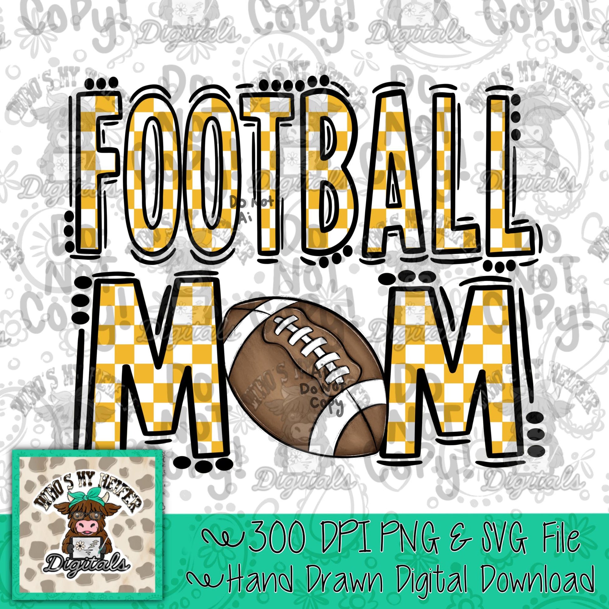 Checkered Football Mom PNG Hand Drawn Yellow & White Sport Mom Doodle Sublimation File Trendy Game Day Shirt Design Mama Spirit Digital