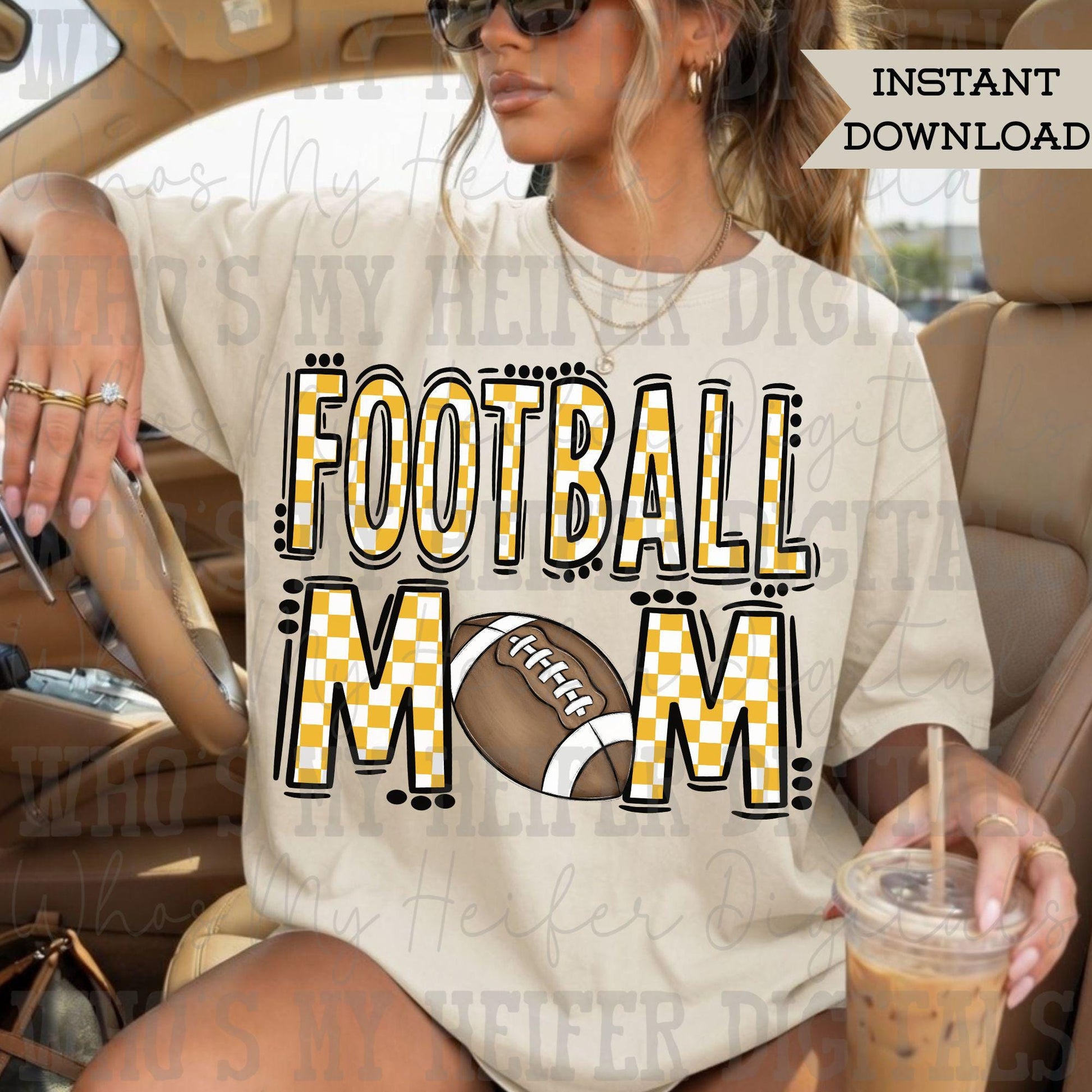 Checkered Football Mom PNG Hand Drawn Yellow & White Sport Mom Doodle Sublimation File Trendy Game Day Shirt Design Mama Spirit Digital
