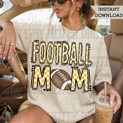 Checkered Football Mom PNG Hand Drawn Yellow & White Sport Mom Doodle Sublimation File Trendy Game Day Shirt Design Mama Spirit Digital