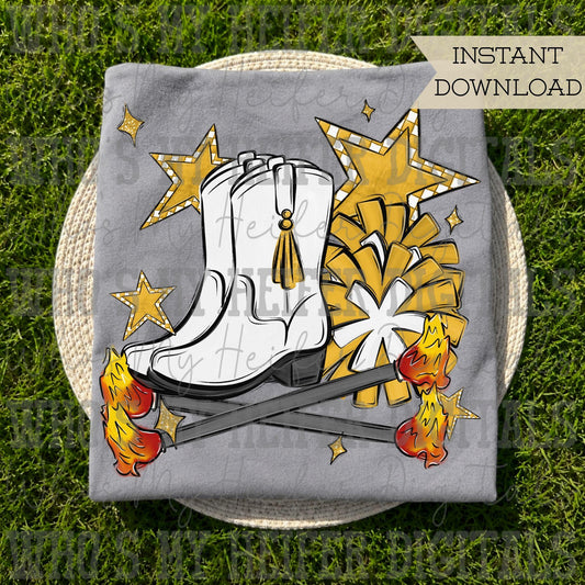 Yellow and White Flame Baton Twirler PNG Hand Drawn Fire Baton Pom Poms & White Drill Boots Sublimation File Game Day Majorette Shirt Design