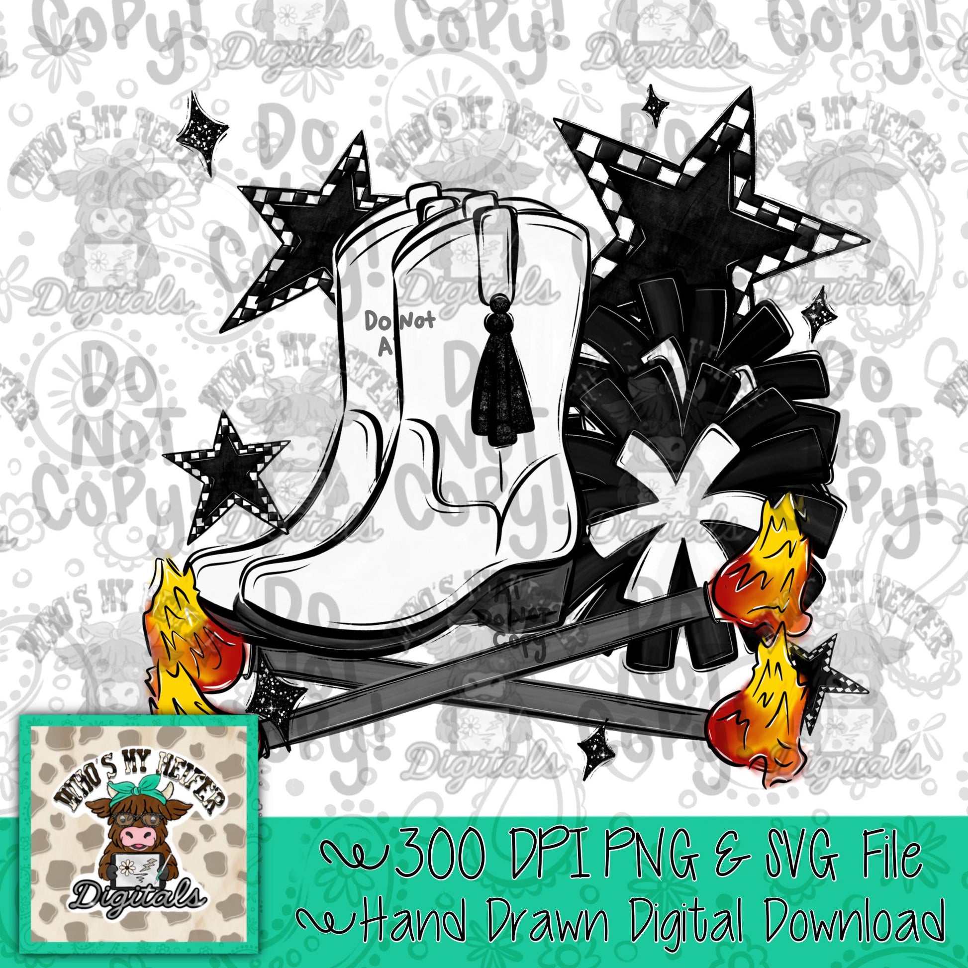 Black and White Flame Baton Twirler PNG Hand Drawn Fire Baton Pom Poms & White Drill Boots Sublimation File Game Day Majorette Shirt Design