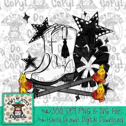 Black and White Flame Baton Twirler PNG Hand Drawn Fire Baton Pom Poms & White Drill Boots Sublimation File Game Day Majorette Shirt Design