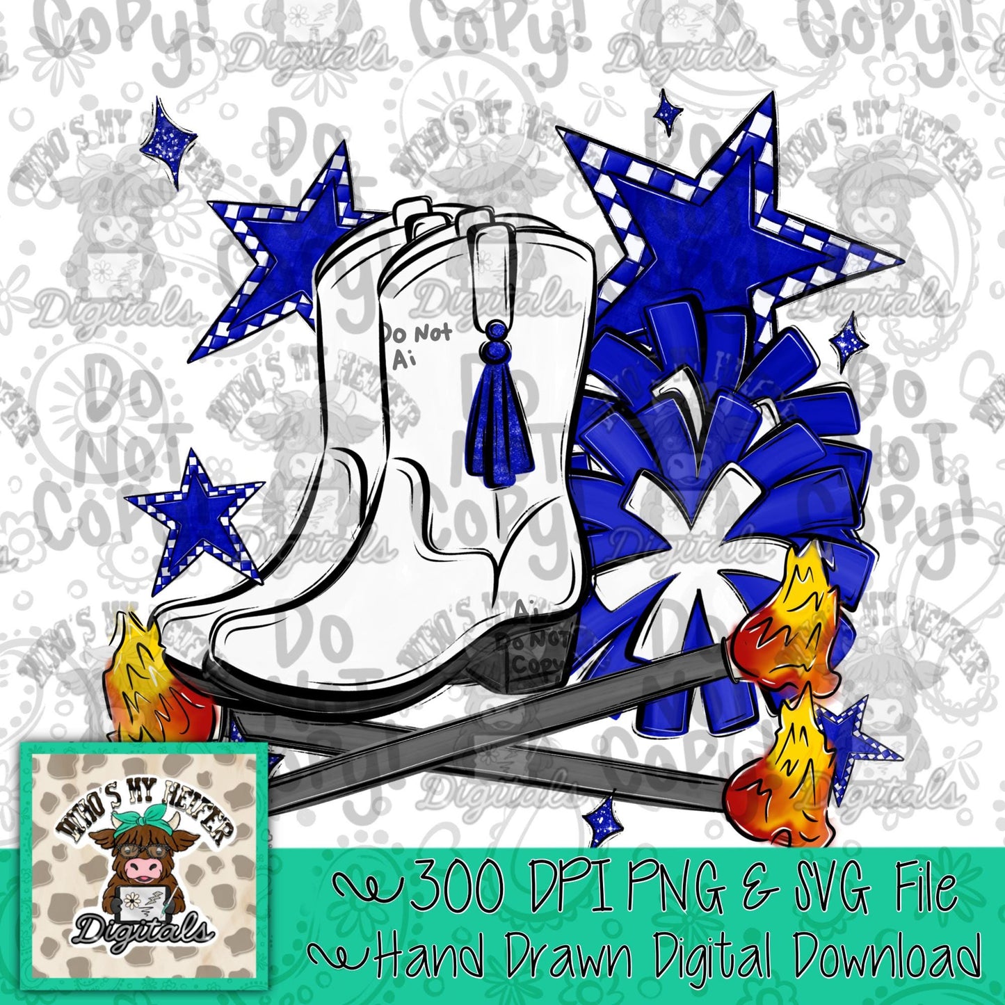 Blue Flame Baton Twirler PNG Hand Drawn Fire Baton Pom Poms & White Drill Team Boots Sublimation Game Day Majorette Shirt Design Digital Art