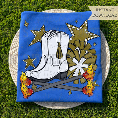 Gold Flame Baton Twirler PNG Hand Drawn Fire Baton Pom Poms & White Drill Team Boots Sublimation Game Day Majorette Shirt Design Digital Art