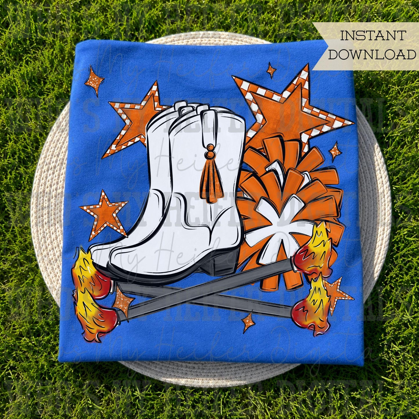 Orange Flame Baton Twirler PNG Hand Drawn Fire Baton Pom Pom & White Drill Team Boots Sublimation Game Day Majorette Shirt Design Digital