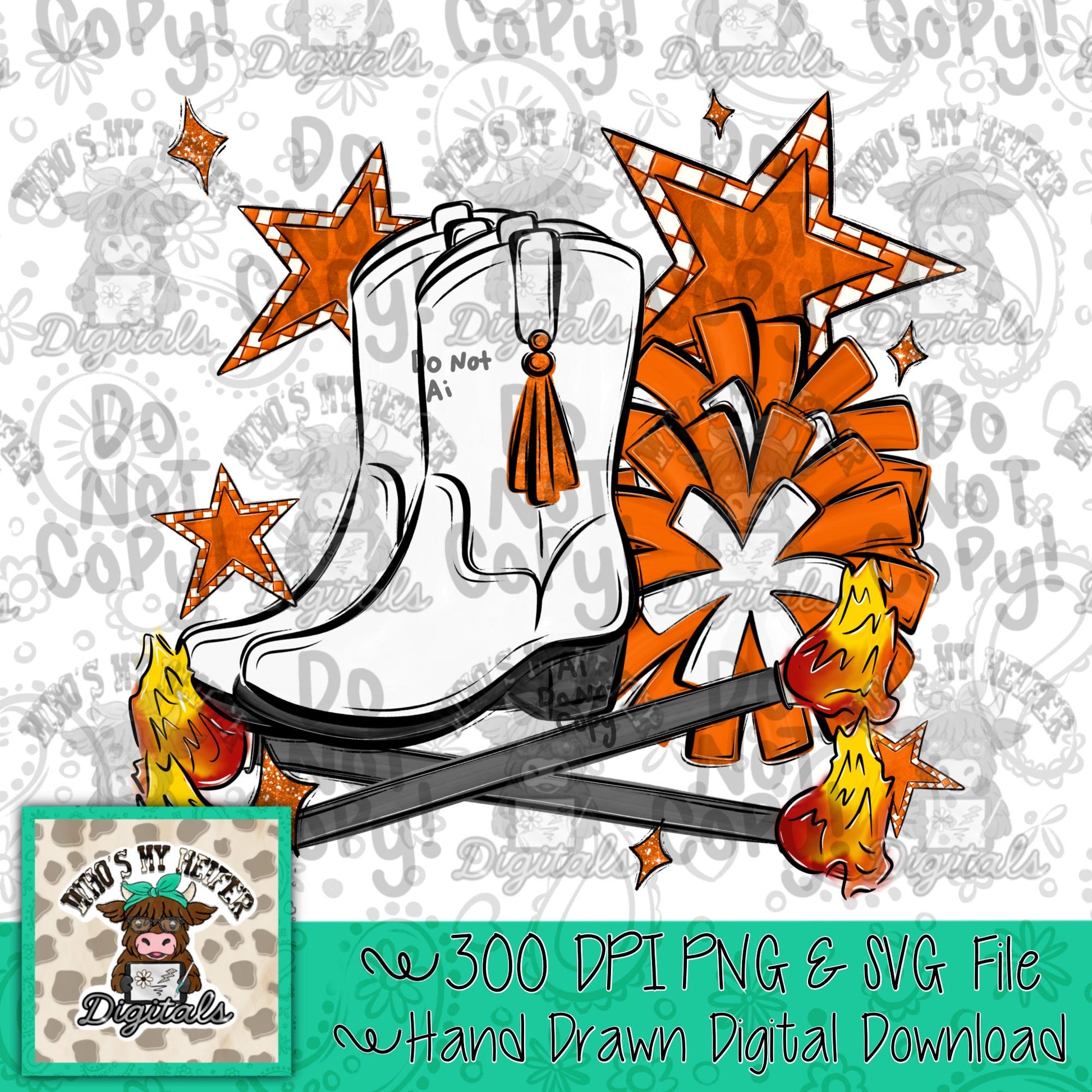 Orange Flame Baton Twirler PNG Hand Drawn Fire Baton Pom Pom & White Drill Team Boots Sublimation Game Day Majorette Shirt Design Digital