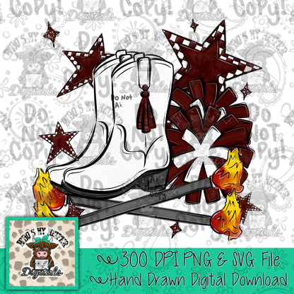 Maroon and White Flame Baton Twirler PNG Hand Drawn Fire Baton Pom Poms & White Drill Boots Sublimation File Game Day Majorette Shirt Design