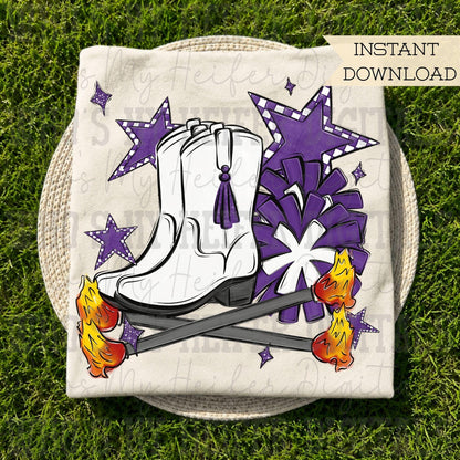Purple and White Flame Baton Twirler PNG Hand Drawn Fire Baton Pom Poms & White Drill Boots Sublimation File Game Day Majorette Shirt Design