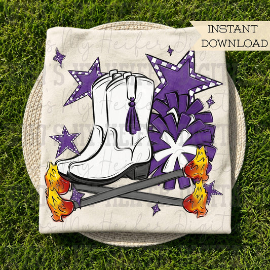Purple and White Flame Baton Twirler PNG Hand Drawn Fire Baton Pom Poms & White Drill Boots Sublimation File Game Day Majorette Shirt Design
