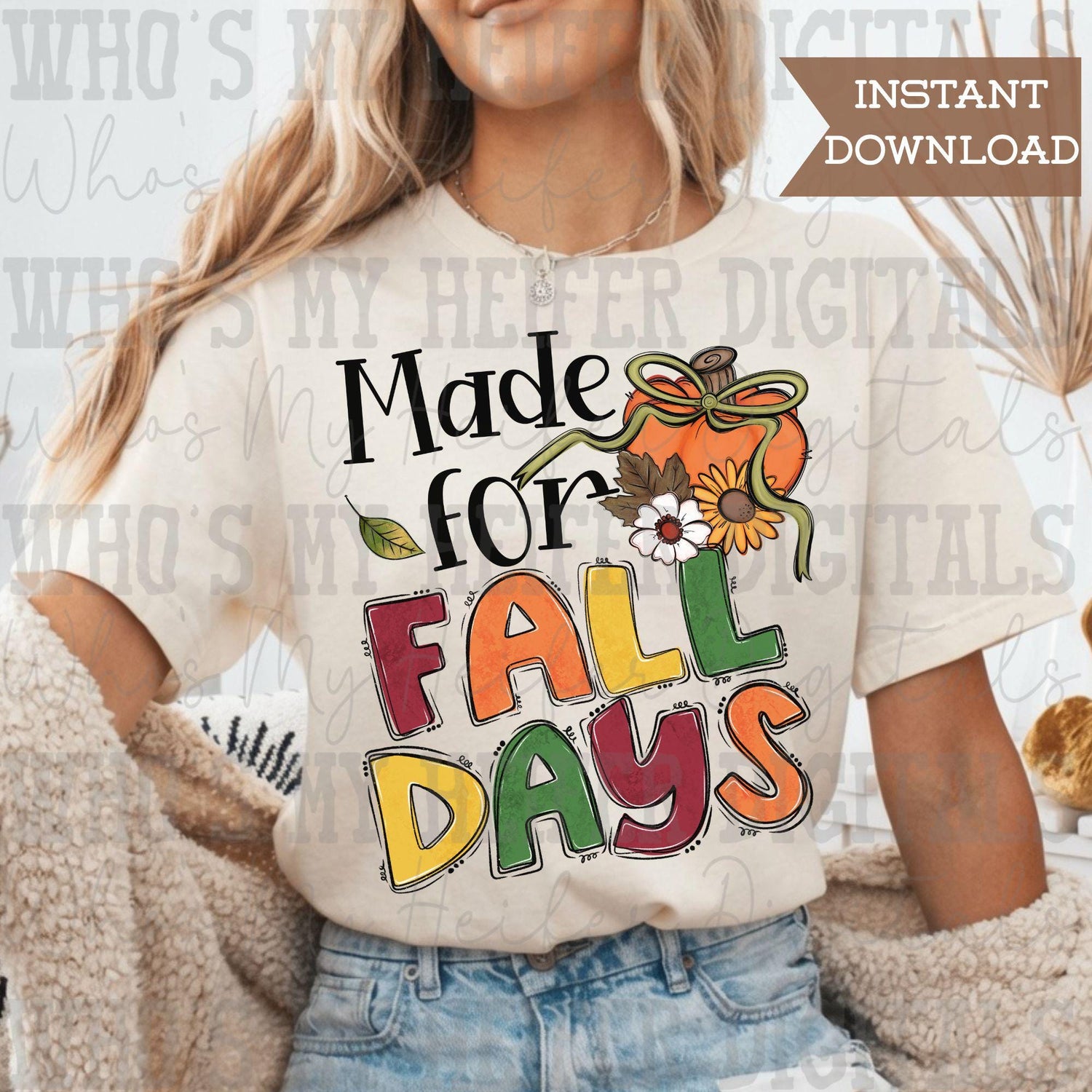 Made for Fall Day PNG Hand Drawn Pumpkin with Bow and Sunflower Sublimation File Fall Leaves Clipart Trendy Autumn Theme Shirt Design