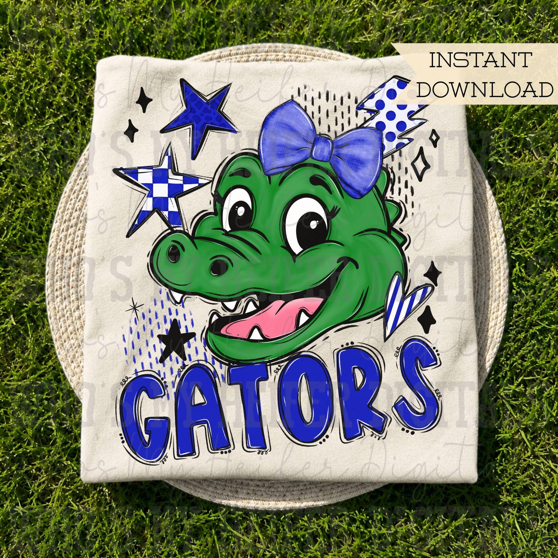 Blue & White Gator PNG Hand Drawn Gators with Bow Sublimation File Game Day Shirt Design School Spirit PNG Retro Kid Mascot Doodle Art