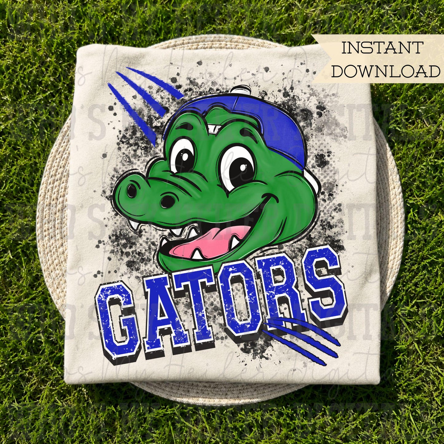 Blue & White Gator PNG Hand Drawn Gators with Hat Sublimation File Game Day Shirt Design School Spirit PNG Retro Kid Mascot Doodle Art
