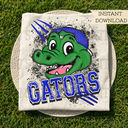Blue & White Gator PNG Hand Drawn Gators with Hat Sublimation File Game Day Shirt Design School Spirit PNG Retro Kid Mascot Doodle Art
