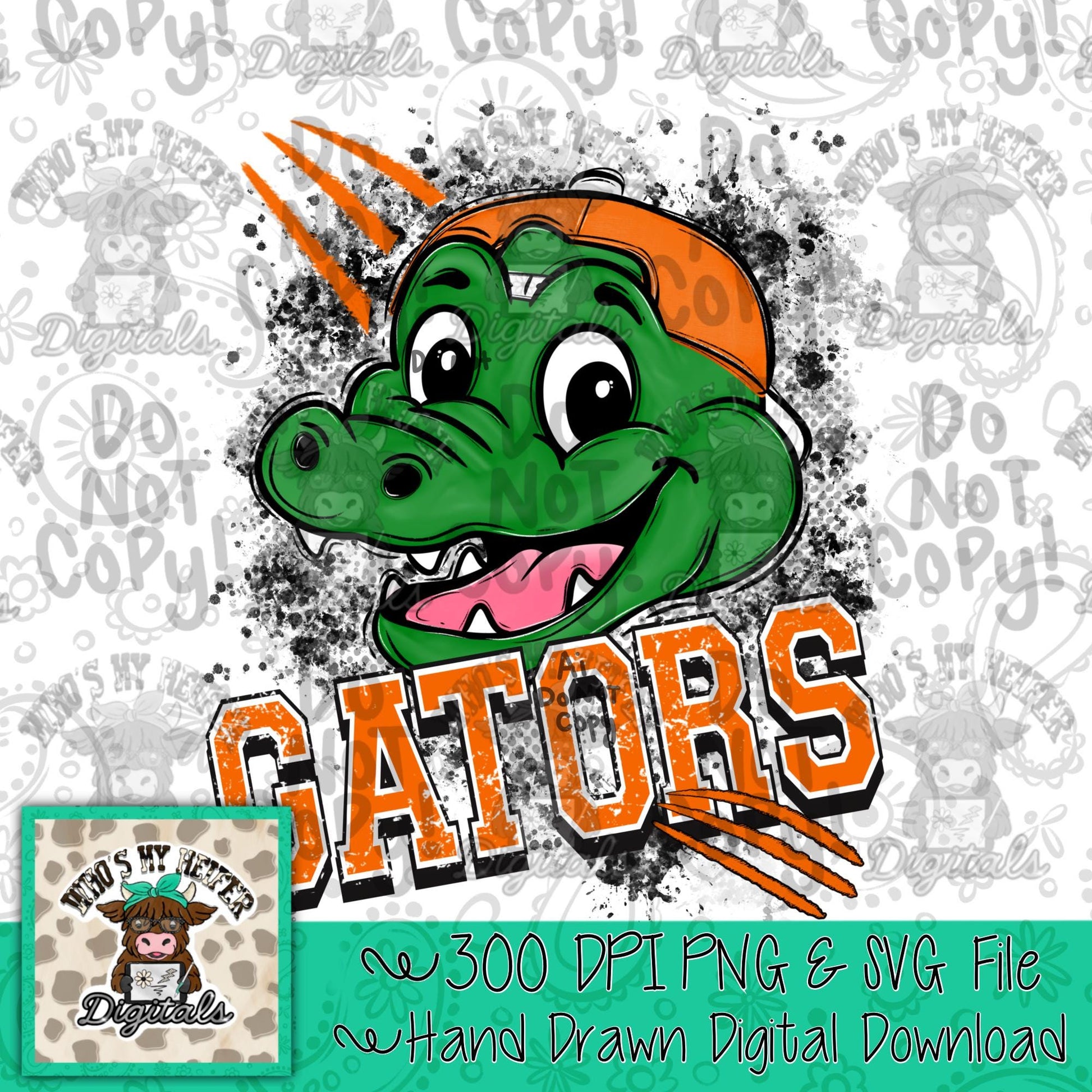 Orange & White Gator PNG Hand Drawn Gators with Hat Sublimation File Game Day Shirt Design School Spirit PNG Retro Kid Mascot Doodle Art