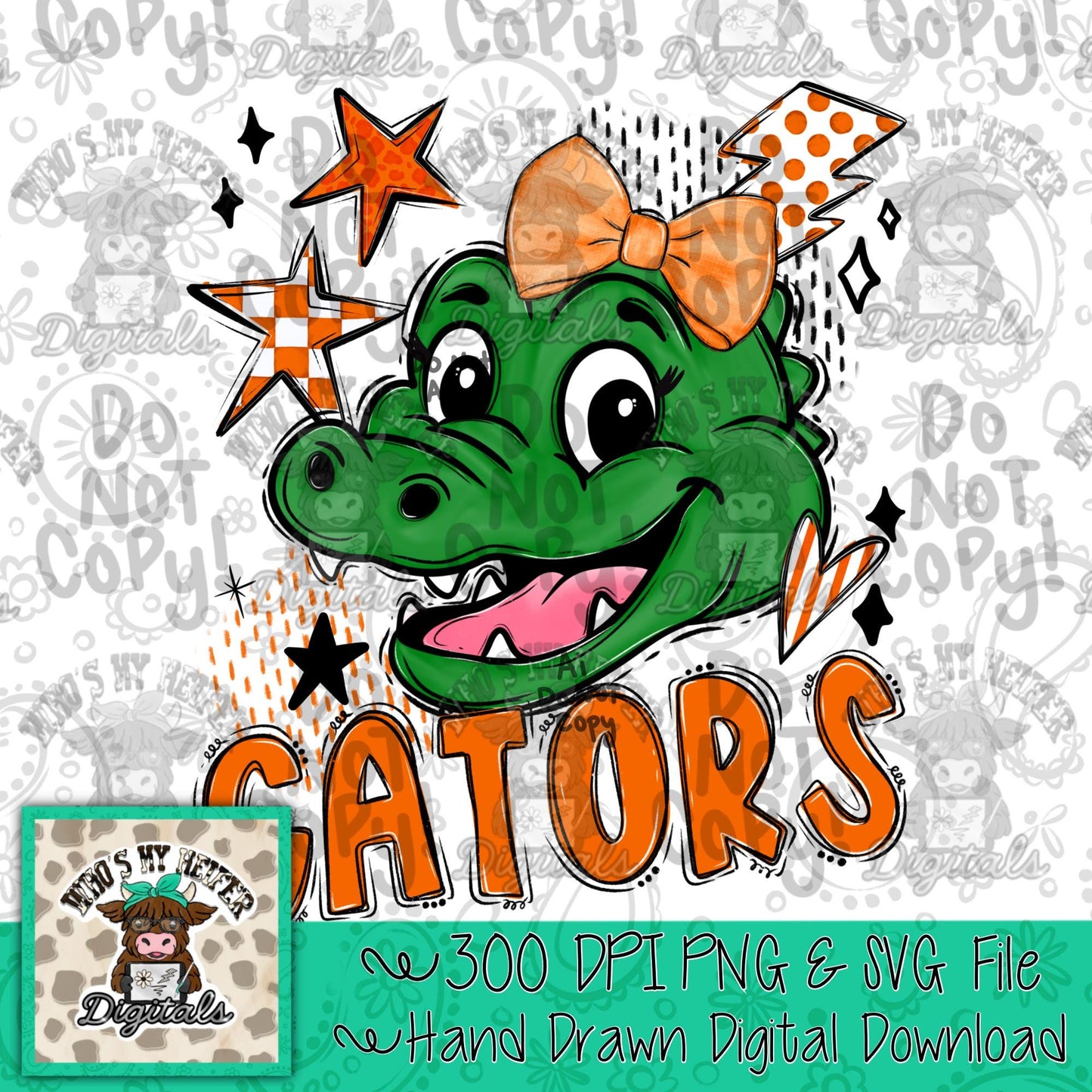 Orange & White Gator PNG Hand Drawn Gators with Bow Sublimation File Game Day Shirt Design School Spirit PNG Retro Kid Mascot Doodle Art