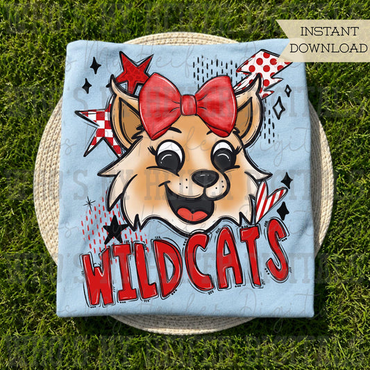 Red & White Wildcat PNG Hand Drawn Wildcat with Bow Sublimation PNG Game Day Star Shirt Design School Spirit PNG Retro Kid Mascot Doodle Art