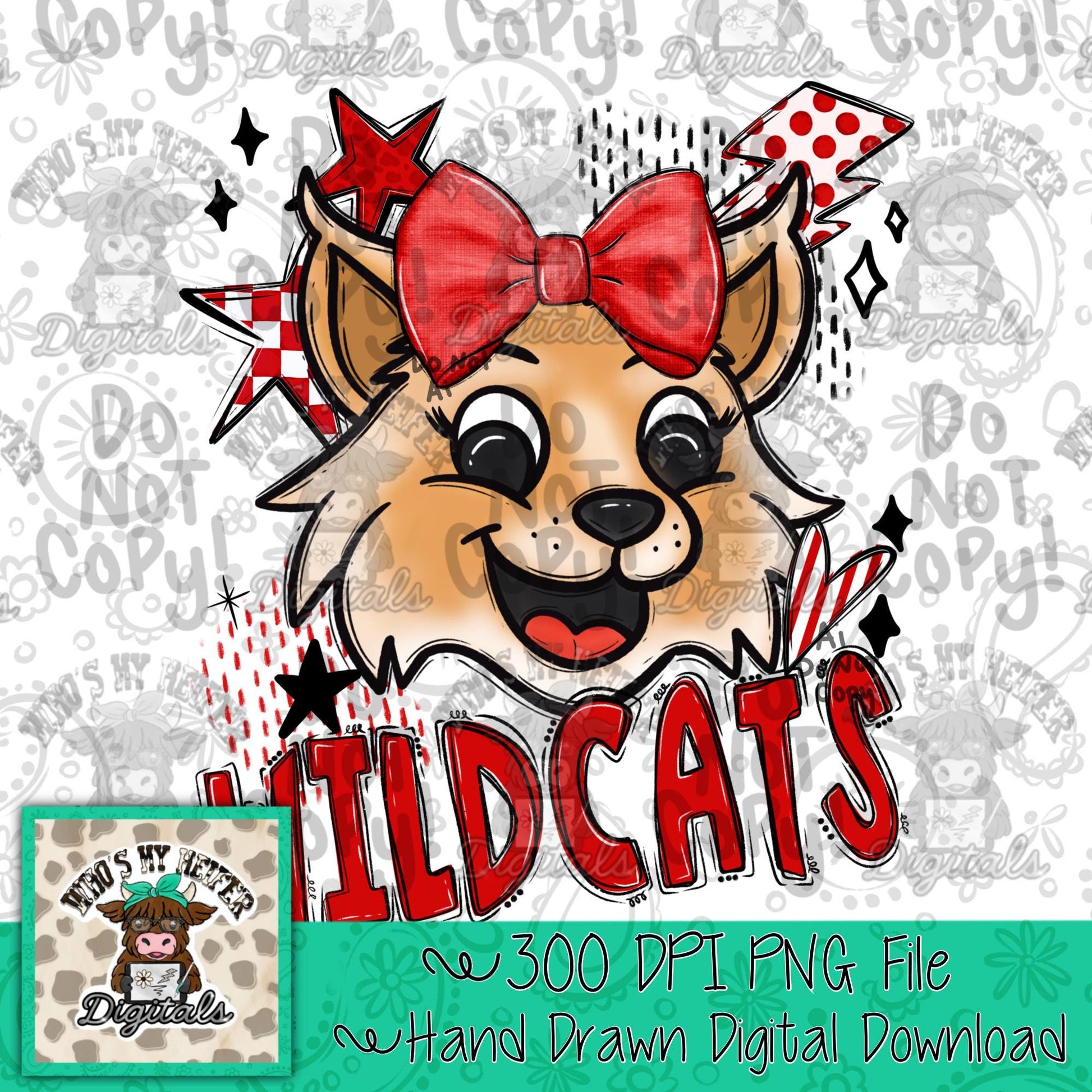 Red & White Wildcat PNG Hand Drawn Wildcat with Bow Sublimation PNG Game Day Star Shirt Design School Spirit PNG Retro Kid Mascot Doodle Art