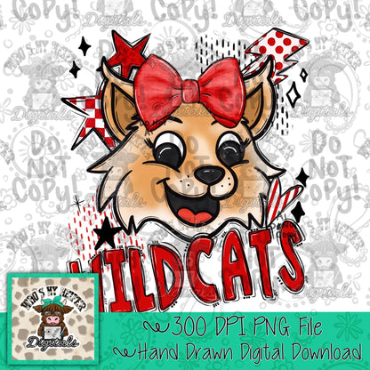 Red & White Wildcat PNG Hand Drawn Wildcat with Bow Sublimation PNG Game Day Star Shirt Design School Spirit PNG Retro Kid Mascot Doodle Art