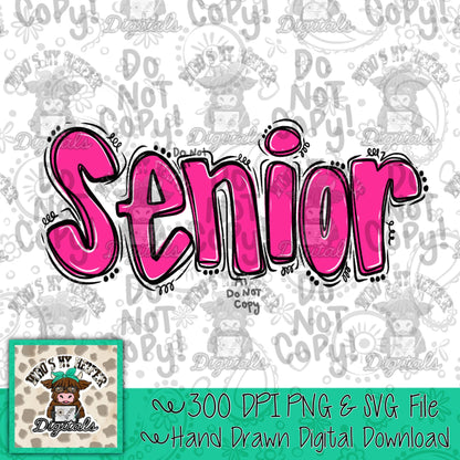 Whisimcal Senior PNG Hand Drawn Pink Senior Doodle Word Sublimation File School Spirit Shirt Design Trendy  2027 Printable Digital Download