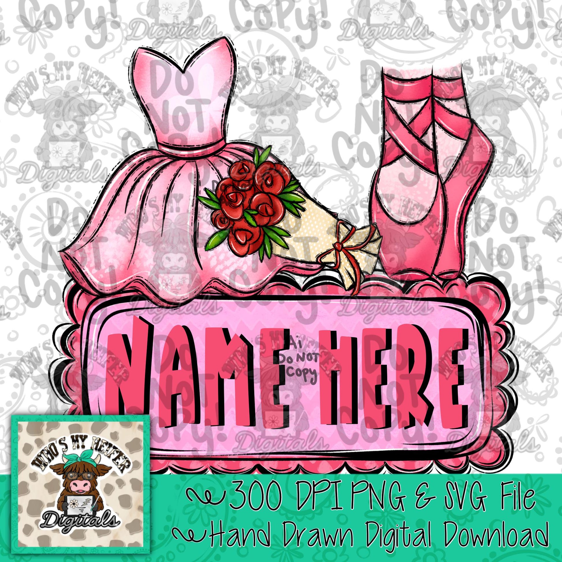 Ballet Trio with Name Block Sublimation File Hand Drawn Ballerina Dress Dance Shoes and Rose PNG Trendy Girl Shirt Design Dance Doodle Art