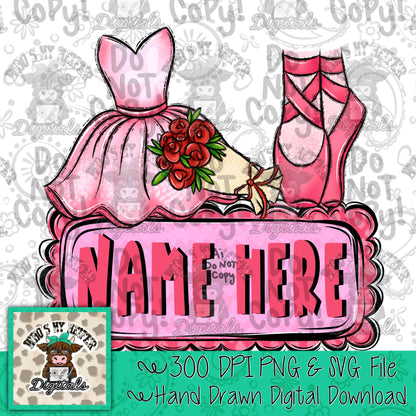 Ballet Trio with Name Block Sublimation File Hand Drawn Ballerina Dress Dance Shoes and Rose PNG Trendy Girl Shirt Design Dance Doodle Art