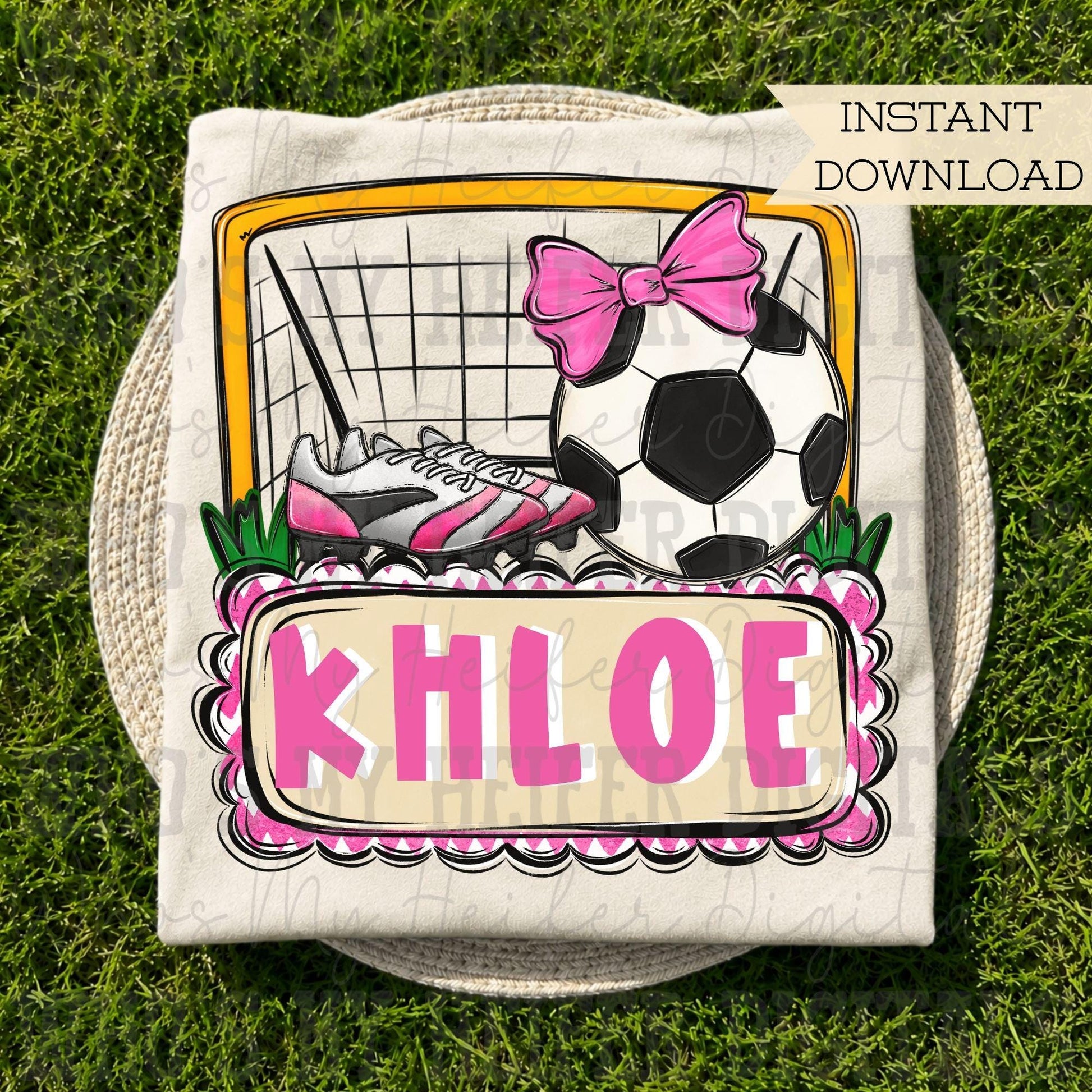Girl Soccer Trio with Name Block PNG Hand Drawn Soccer with Pink Bow Cleat Sublimation File Trendy Girly Sport Shirt Design Doodle Art