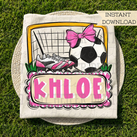 Girl Soccer Trio with Name Block PNG Hand Drawn Soccer with Pink Bow Cleat Sublimation File Trendy Girly Sport Shirt Design Doodle Art