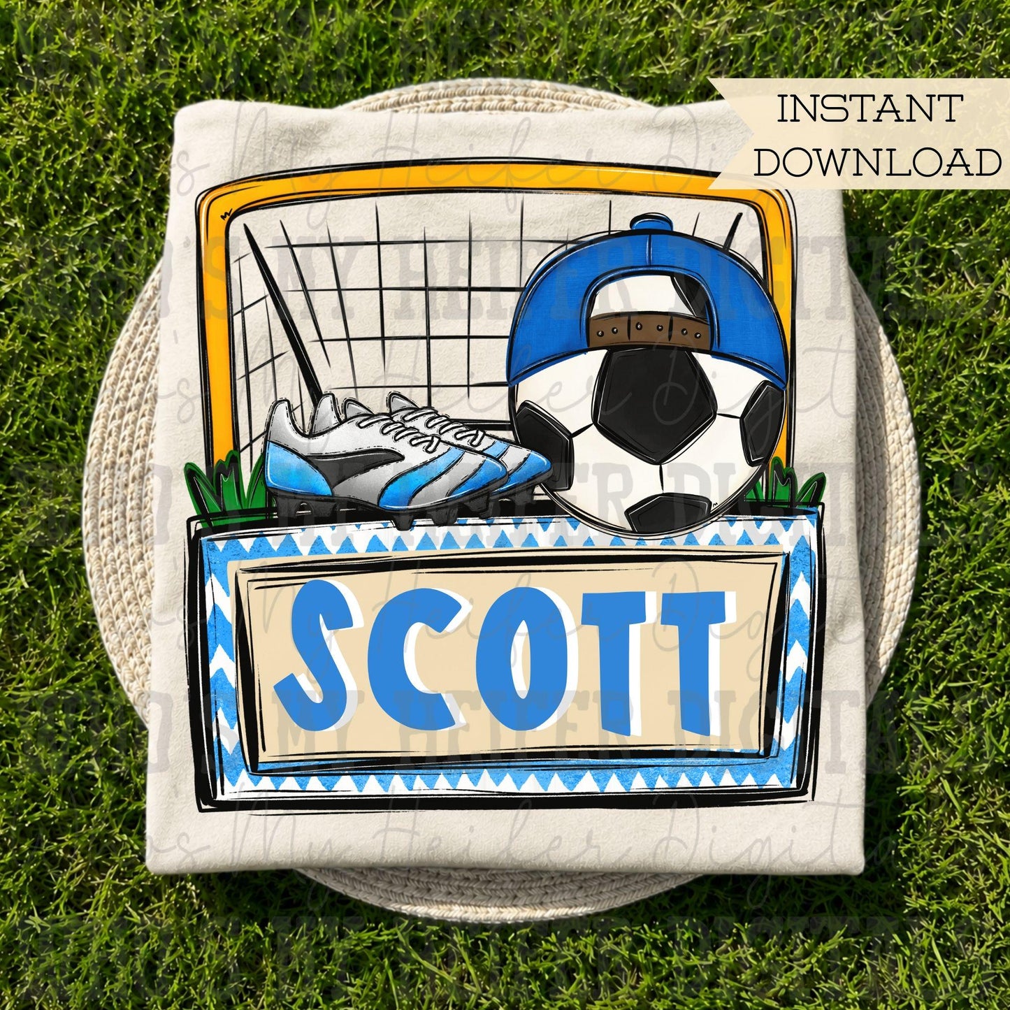 Blue Soccer Trio with Name Block PNG Hand Drawn Soccer with Hat Cleat Sublimation File Trendy Sport Shirt Design Soccer Game Day Doodle Art