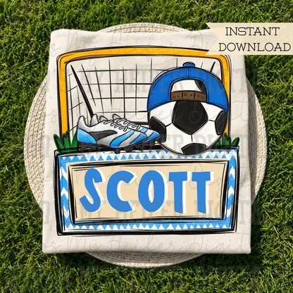 Blue Soccer Trio with Name Block PNG Hand Drawn Soccer with Hat Cleat Sublimation File Trendy Sport Shirt Design Soccer Game Day Doodle Art