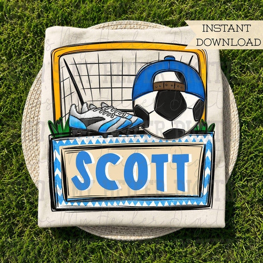Blue Soccer Trio with Name Block PNG Hand Drawn Soccer with Hat Cleat Sublimation File Trendy Sport Shirt Design Soccer Game Day Doodle Art