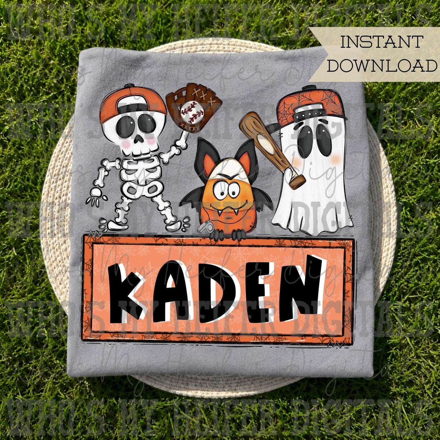 Halloween Baseball with Name Block PNG Hand Drawn Spooky Skeleton Bat Ghost Sublimation File Trendy Boy Halloween Doodle Patch Shirt Design