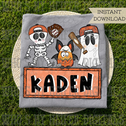 Halloween Baseball with Name Block PNG Hand Drawn Spooky Skeleton Bat Ghost Sublimation File Trendy Boy Halloween Doodle Patch Shirt Design