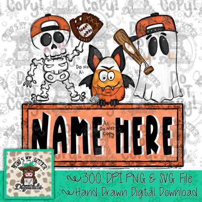 Halloween Baseball with Name Block PNG Hand Drawn Spooky Skeleton Bat Ghost Sublimation File Trendy Boy Halloween Doodle Patch Shirt Design