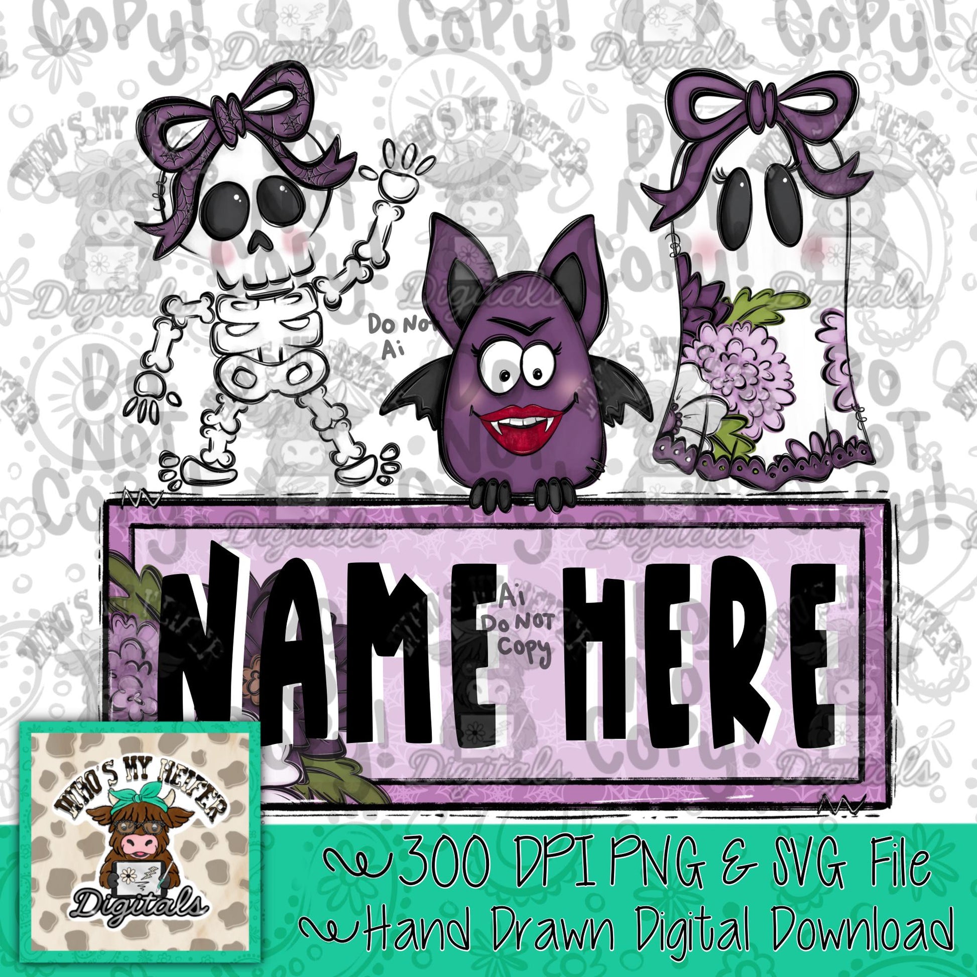Girly Halloween with Name Block PNG Hand Drawn Spooky Skeleton Bat Ghost Bow Sublimation File Trendy Floral Halloween Doodle Shirt Design