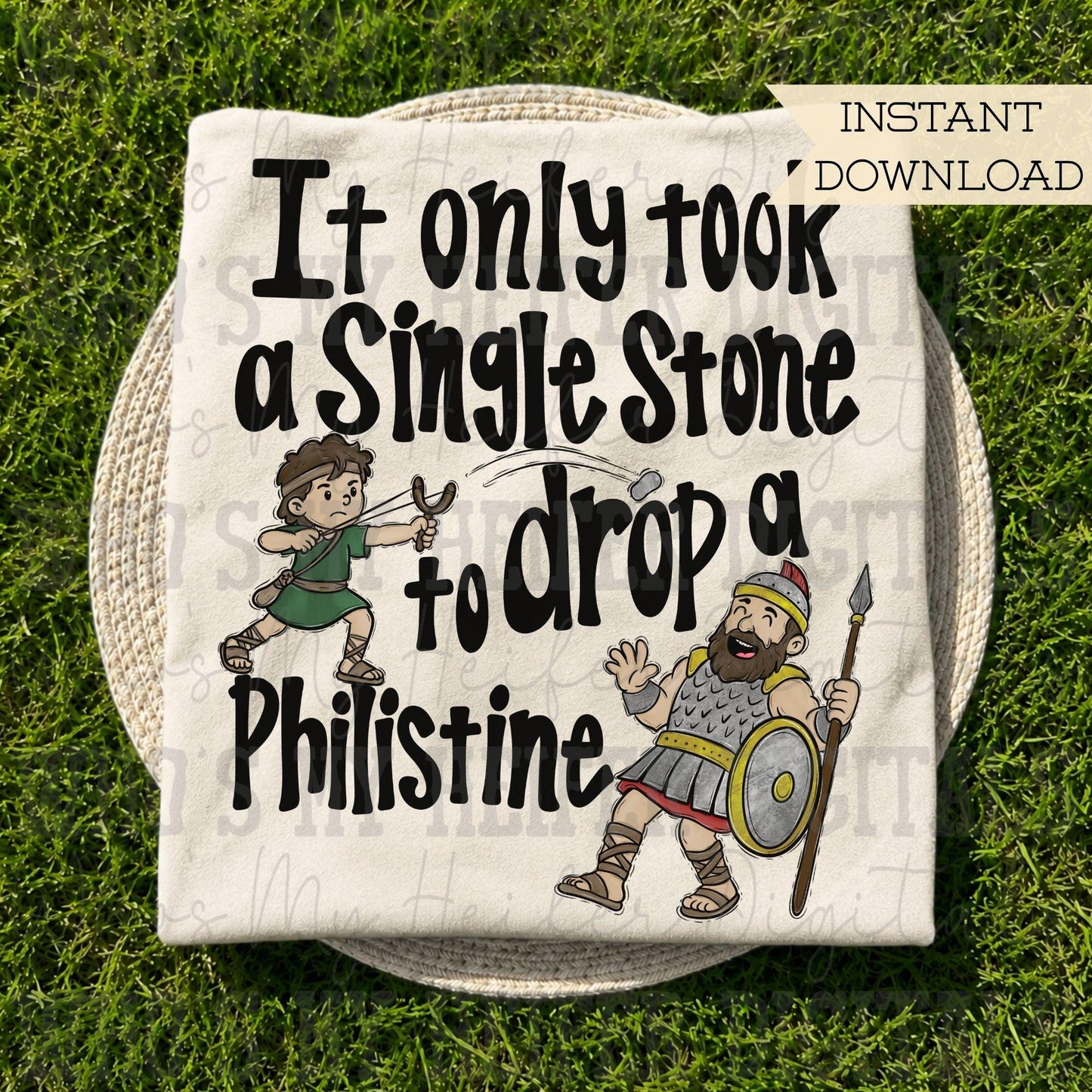 Whimsy David and Goliath PNG Hand Drawn David Slingshot and Rock Sublimation Kid Christian Bible Story Theme Shirt Design Giant Slayer DTF